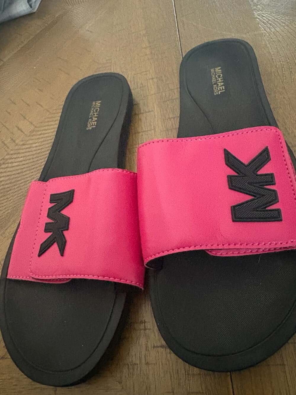 Michael Michael Kors Pink Logo Velcro Strap Slide Sandals